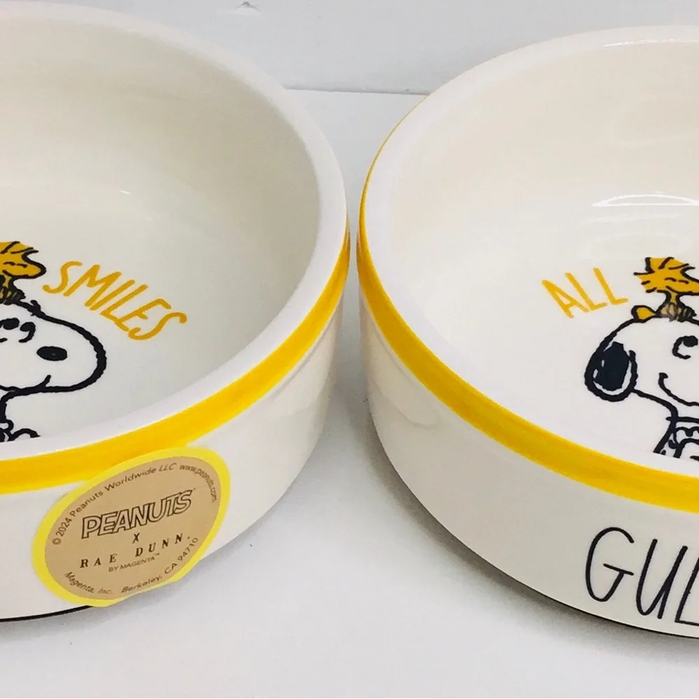 2 Rae Dunn Peanuts Snoopy GULP Woodstock Chow Dog Cat Dish Bowl Ceramic 5” New
